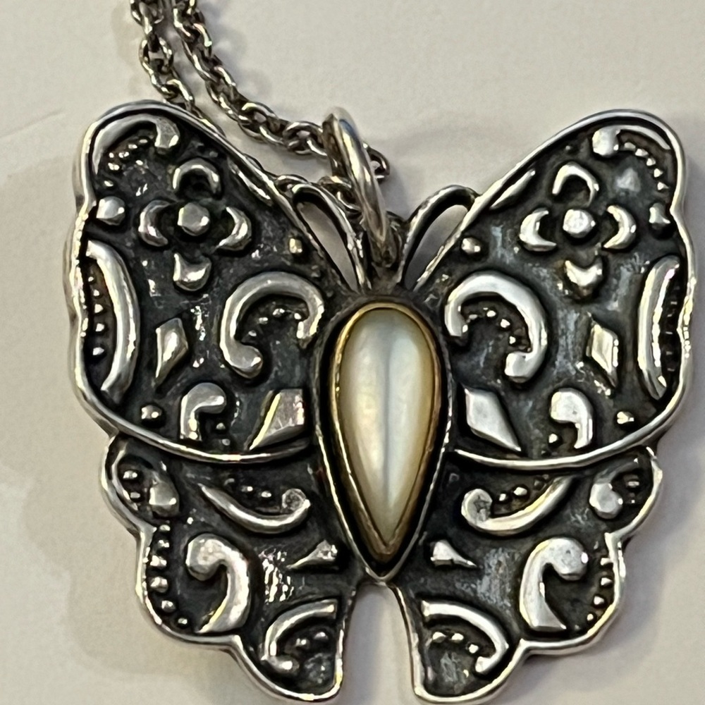 James Avery Silver, Bronze And Mother Of Pearl Brocade Butterfly Pendant & Chain